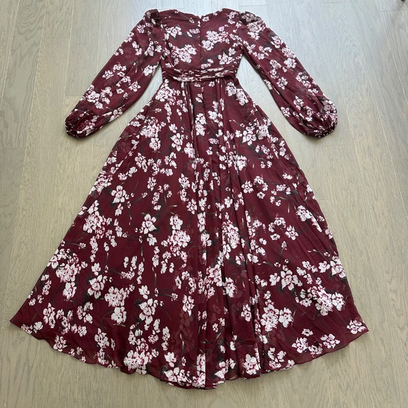 Ieena for Mac Duggal Floral Chiffon Burgundy Red Long Sleeve Maxi Dress V-Neck 0 - Picture 3 of 11